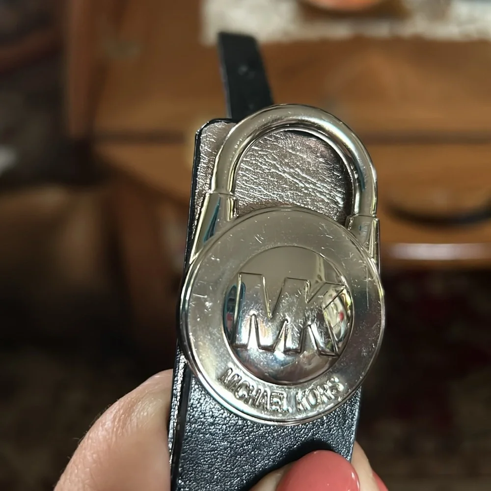 Black Leather Padlock Style Logo Buckle Belt